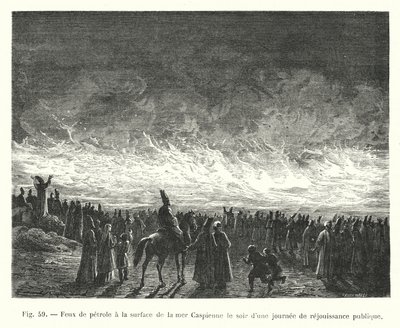 Petroleumfeuer auf der Oberfläche des Kaspischen Meeres am Abend eines öffentlichen Festtages von European School