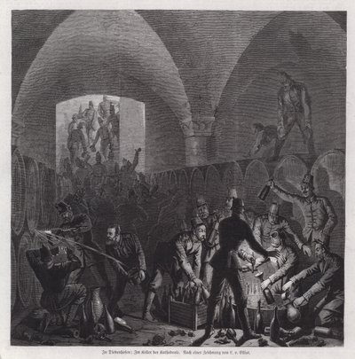 Deutsche Soldaten bedienen sich im Weinkeller der Kathedrale von Thionville, Frankreich, Deutsch-Französischer Krieg von European School