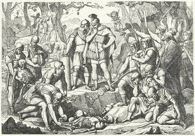 Germanicus begräbt die Knochen der Soldaten der drei römischen Legionen, die von Publius Quinctilius Varus in der Schlacht im Teutoburger Wald im Jahr 9 n. Chr. von den Germanen zerstört wurden von European School