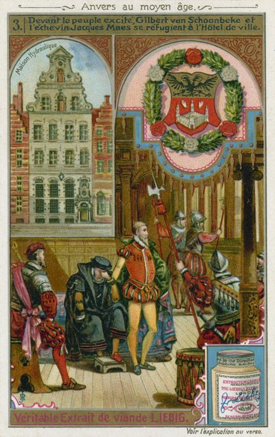 Gilbert van Schoonbeke und Pensionär Jacob Maes suchen Zuflucht vor der Bevölkerung im Rathaus, 16. Jahrhundert von European School