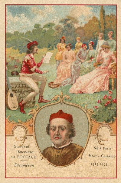 Giovanni Boccaccio, italienischer Schriftsteller und Dichter, und eine Szene aus dem Decameron von European School