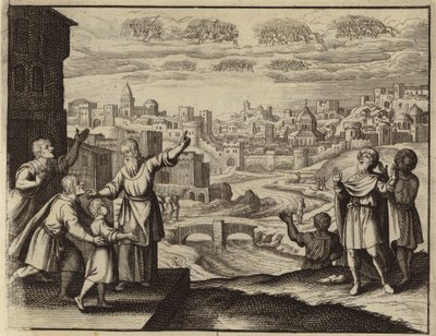 Goldbekleidete Kavallerie in der Luft über Jerusalem (Gravur) von European School