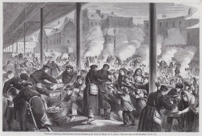 Hungrige Pariser betteln um Essen bei deutschen Soldaten auf dem Marktplatz von St. Denis nach dem Ende der Belagerung von Paris von European School