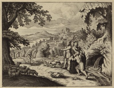 Jakob rollt den Stein vom Brunnenmund, um die Schafe Labans zu tränken (Gravur) von European School