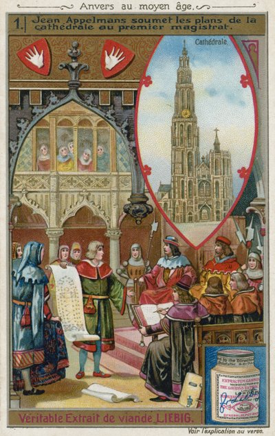 Jan Appelmans überreicht dem Ersten Magistrat seine Pläne für die Kathedrale Unserer Lieben Frau, 14. Jahrhundert von European School