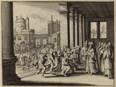 Joseph, als Großwesir von Ägypten, beschuldigt seine Halbbrüder, Spione zu sein (Gravur) von European School