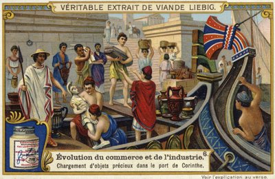 Verladung von wertvollen Gegenständen auf ein Schiff im Hafen von Korinth, Antikes Griechenland von European School