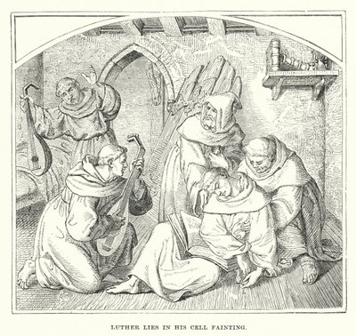Luther liegt ohnmächtig in seiner Zelle (Gravur) von European School