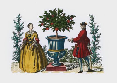 Mann und Frau in Kleidung des 18. Jahrhunderts in einem Garten von European School