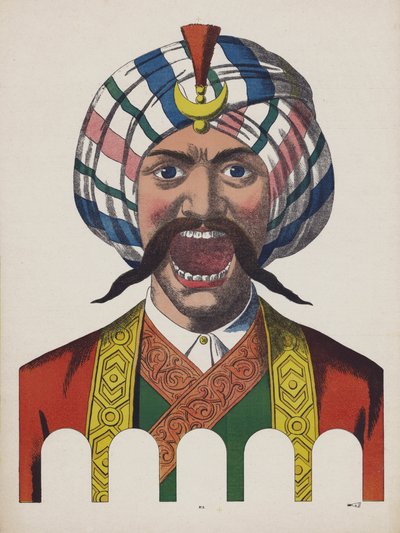 Mann in türkischer Tracht mit weit geöffnetem Mund (Farblithografie) von European School