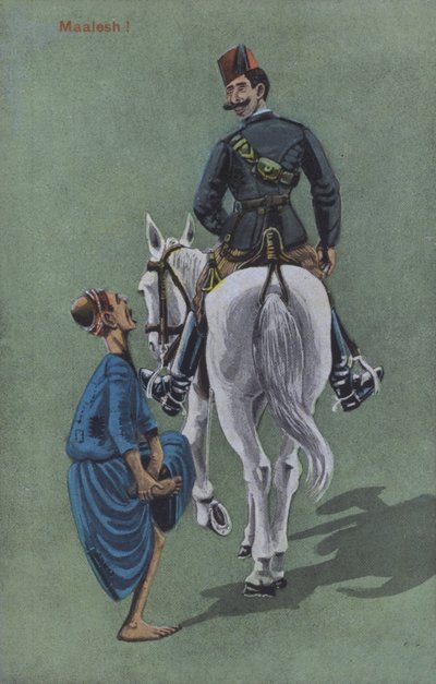 Mann mit Schmerzen, nachdem ein Pferd und Reiter auf seinen Fuß getreten sind (Farblithografie) von European School