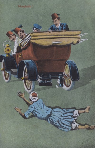 Mann von Chauffeurwagen überfahren (Farblithografie) von European School