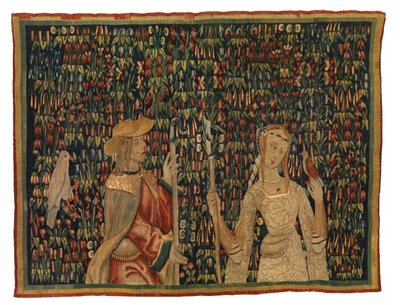 Mille-fleurs-Wandteppichfragment, Darstellung von Schäfer und Schäferin oder Dame und Jüngling von European School