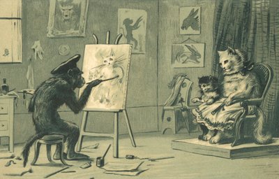Affe malt ein Porträt einer Katze und eines Kätzchens von European School