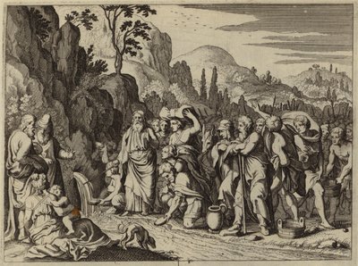 Moses schlägt mit seinem Stab auf den Felsen, um Wasser hervorzubringen (Gravur) von European School