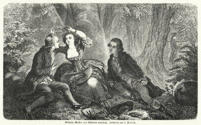 Philinen krönt Wilhelm Meister mit einem Kranz: Szene aus Johann Wolfgang Goethes Roman Wilhelm Meisters Lehrjahre (Stich) von European School