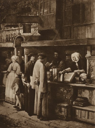 Szene in einer Buchhandlung (Lithografie) von European School