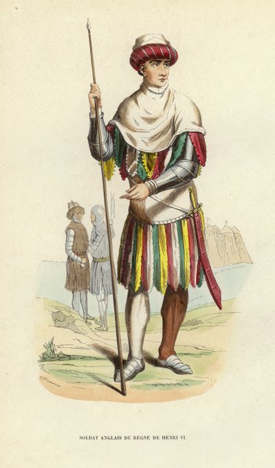 Englischer Soldat aus der Herrschaft von Heinrich VI. (farbige Gravur) von European School