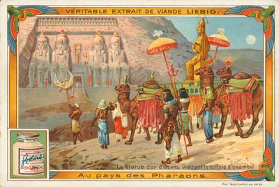Statue des Osiris besucht den Tempel von Ipsambul, Liebig-Karte, frühes 20. Jahrhundert von European School