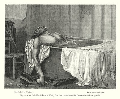 Selbstmord von Horace Wels, einem der Erfinder der chirurgischen Anästhesie (Stich) von European School