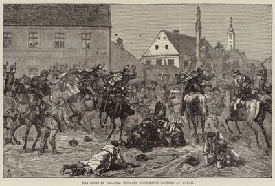 Die Unruhen in Kroatien, Husaren zerstreuen Aufständische in Agram (Stich) von European School