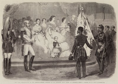 Die Kriegspräsentation an die Kaiserin-Regentin Eugenie einer in Magenta erbeuteten österreichischen Flagge (Stich) von European School