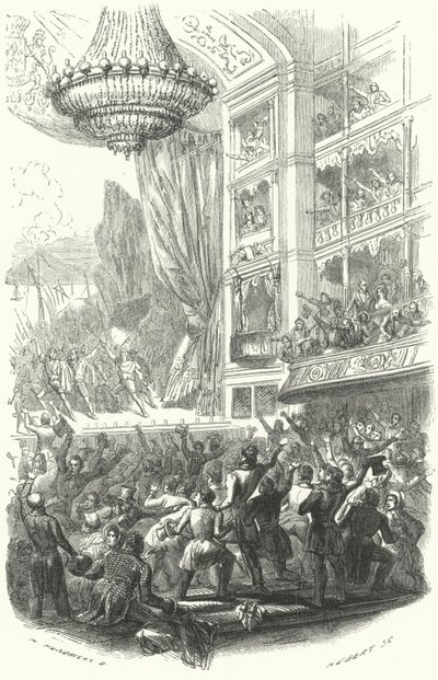 Der Beginn der belgischen Revolution: Aufführung von Daniel Aubers Oper La Muette de Porcini im Théâtre de la Monnaie in Brüssel, 25. August 1830 (Gravur) von European School