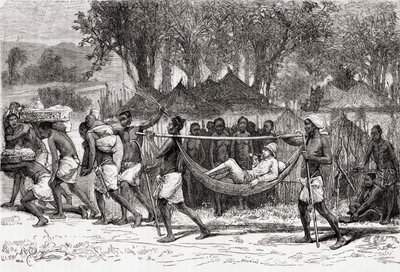 Verney Lovett Cameron kommt im Dorf Oulonnda, Afrika, 1878 an von European School