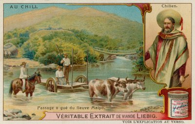 Blick auf einen Reiter und einen Ochsenkarren, der den Maipo-Fluss durchquert, und das Porträt eines chilenischen Mannes von European School