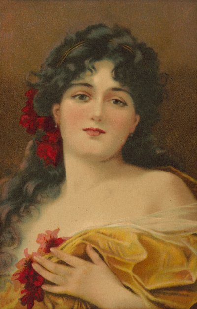 Frau in einem Kleid mit roten Blumen von European School