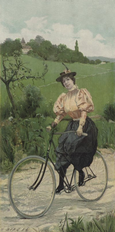 Frau fährt Fahrrad auf einer Landstraße (Farblithografie) von European School