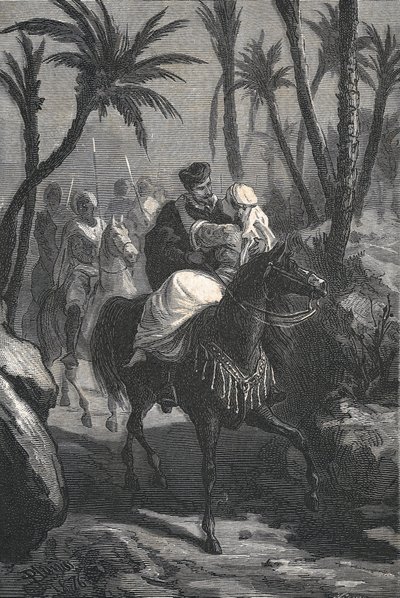 Cervantes reitet mit einer Frau in einer Oase von Eusebio Planas