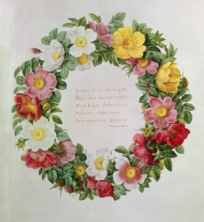 Claude-Antoine Thory Les roses, Frontispiz: Girlande mit einer Epigraph von Ode V des griechischen Dichters Anacreon, 1817 von Eustache Hyacinthe Langlois