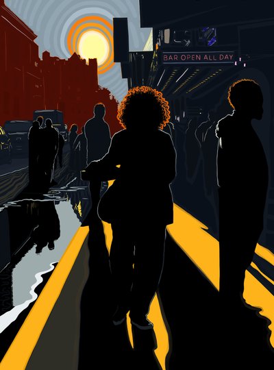 Hinterleuchtete Figuren und Sonne auf Manhattan-Bürgersteig von Evan Sklar