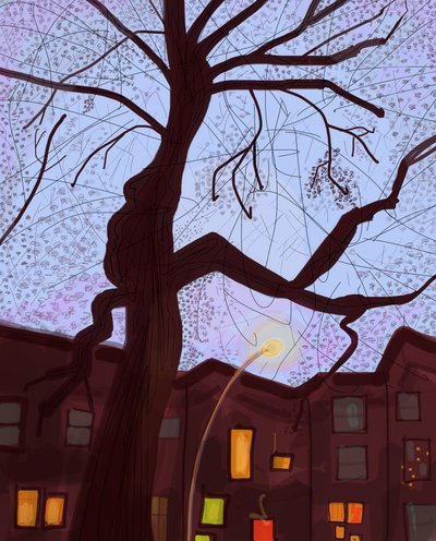 Brooklyn Brownstone Straße bei Dämmerung, 2016 von Evan Sklar