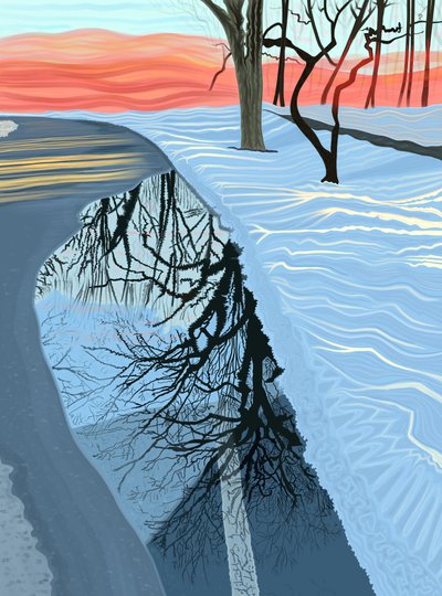 Pfütze und Schnee im Park, Brooklyn von Evan Sklar