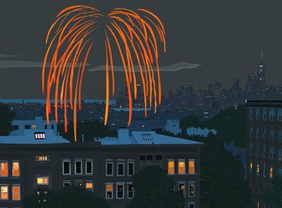 Blick auf New Yorker Hafen und Skyline mit Feuerwerk von Brooklyn aus von Evan Sklar