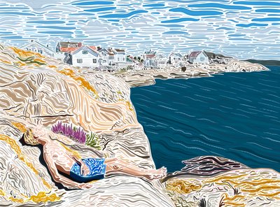 Junger Mann am Meer im Sommer auf Felsen sonnend von Evan Sklar