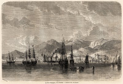 Der Hafen von Spanien, in Trinidad (Trinidad und Tobago), Zeichnung von Evremond Auguste de Berard, zur Illustration der Reisen in die Westindischen Inseln, 1858-1859, von Anthony Trollope. Gravur in "Le tour du monde, nouveau journal des voyages" von Evremond de (after) Berard