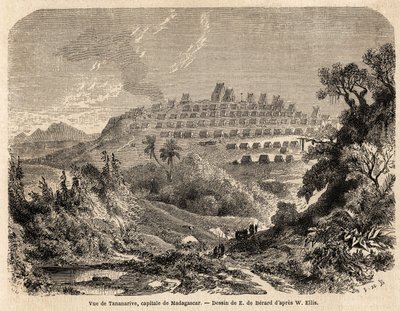 Ansicht von Tananarive, Hauptstadt von Madagaskar, Zeichnung von Evremond de Berard (1824-1881), zur Illustration von Ida Pfeiffers Reise nach Madagaskar im Jahr 1857. Gravur in „Le tour du monde“ 1861. Sammlung Selva von Evremond de (after) Berard