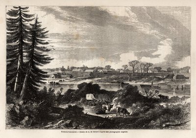Ansicht von Victoria-Vancouver, Hauptstadt von British Columbia, Zeichnung von Auguste de Berard, zur Illustration der Erkundung der Rocky Mountains 1857-59 durch Captain John Palliser. Gravur in "Le tour du monde, nouveau journal des voyages" Paris von Evremond de (after) Berard