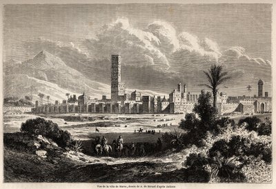 Ansicht der Stadt Marrakesch (ehemals Marokko), Zeichnung von Auguste de Berard (1824-1881), zur Illustration der Reise von Mr.F. Schickler nach Marokko im Jahr 1860. Gravur in „Le tour du monde, nouveau journal des voyages“ Paris von Evremond de (after) Berard
