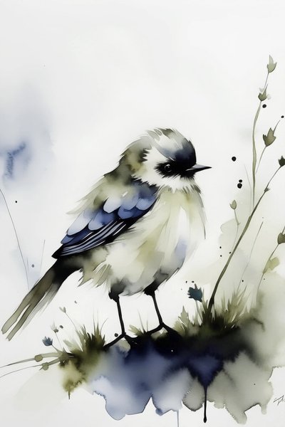 Einzelner Vogel in Aquarell von F. Abderrahim