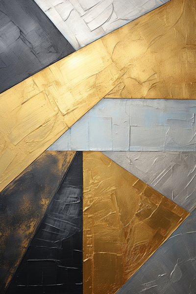 Abstraktes Silber- und Goldgemälde, vertikale Leinwand von F. Abderrahim