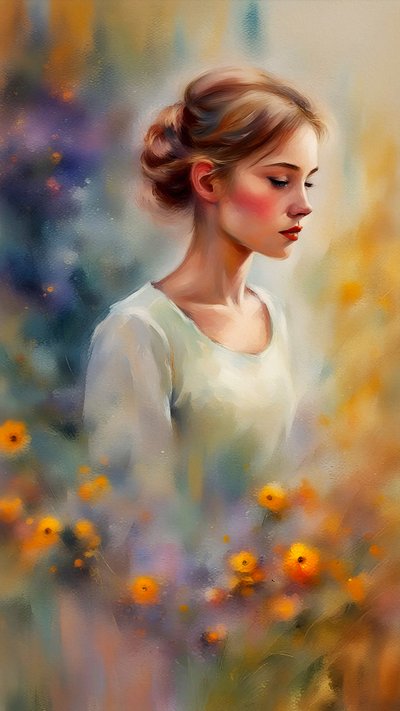 Schönes Porträt einer jungen Frau und Blumen von F. Abderrahim
