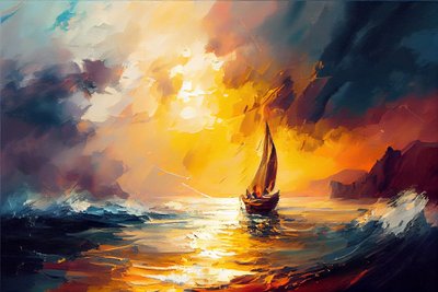 Segelboot auf See, Sonnenaufgangslandschaft von F. Abderrahim