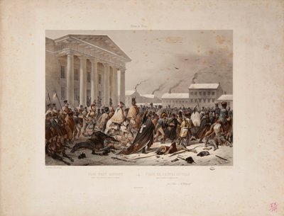 Rückzug der französischen Armee auf dem Rathausplatz von Vilna, graviert von Victor Adam und Louis Pierre Alphonse Bichebois, 1812 von F. Daniel