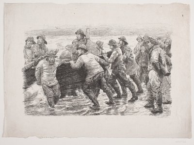 Fischer beim Einsetzen eines Bootes ins Wasser von F. Hendriksen