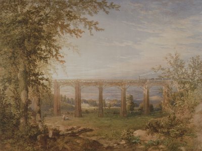 Ein Ziegel- und Holzbahnviadukt mit Dampflok, 1849 von F. S. Cook