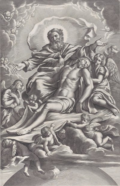 Die Heilige Dreifaltigkeit mit dem toten Christus in der Mitte, umgeben von Engeln, Gott dem Vater von F. de Louvement